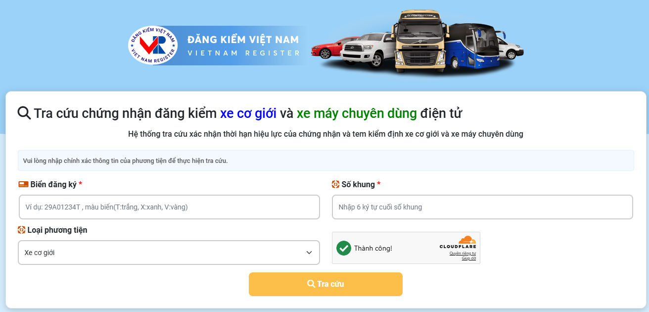 Giao diện tra cứu thông tin chứng nhận đăng kiểm điện tử trên website